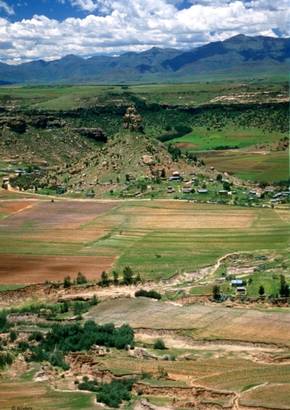 Blick von Thabo Bosie auf den Qiloane Montain. Am Fuße des kulturell bedeutsamen Hügels ziehen sich große Erosionsgräben durch die Ackerfelder. © Böxkes